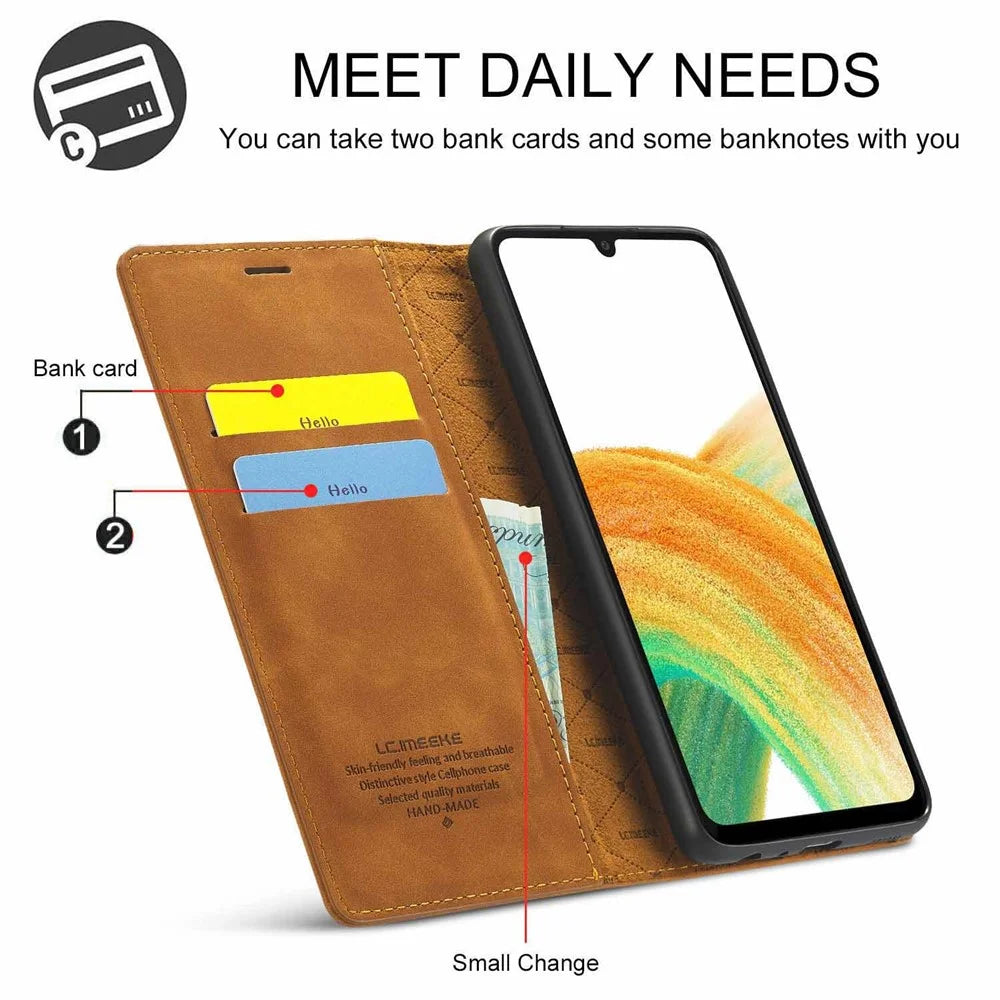 LC.IMEEKE Wallet Case for Samsung Galaxy A33 5G, Folding Stand PU Leather Strong Magnetic Suction Protective Cover - Brown - 5