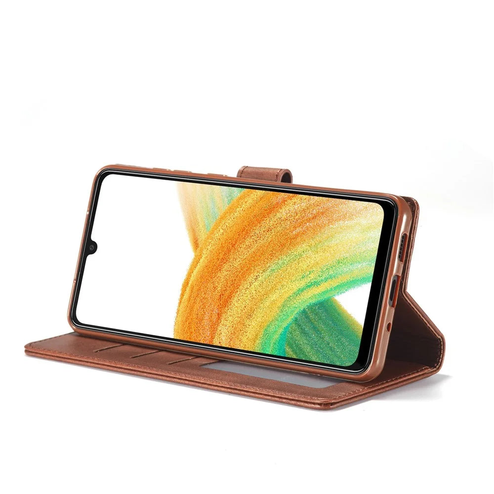 LC.IMEEKE Textured Leather Wallet Case for Samsung Galaxy A33 5G, Stand Function Magnetic Closure Shockproof Flip Folio Cover - Coffee - 3