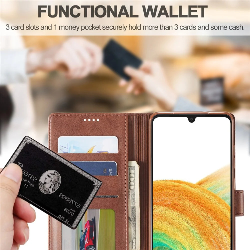 LC.IMEEKE Textured Leather Wallet Case for Samsung Galaxy A33 5G, Stand Function Magnetic Closure Shockproof Flip Folio Cover - Coffee - 5