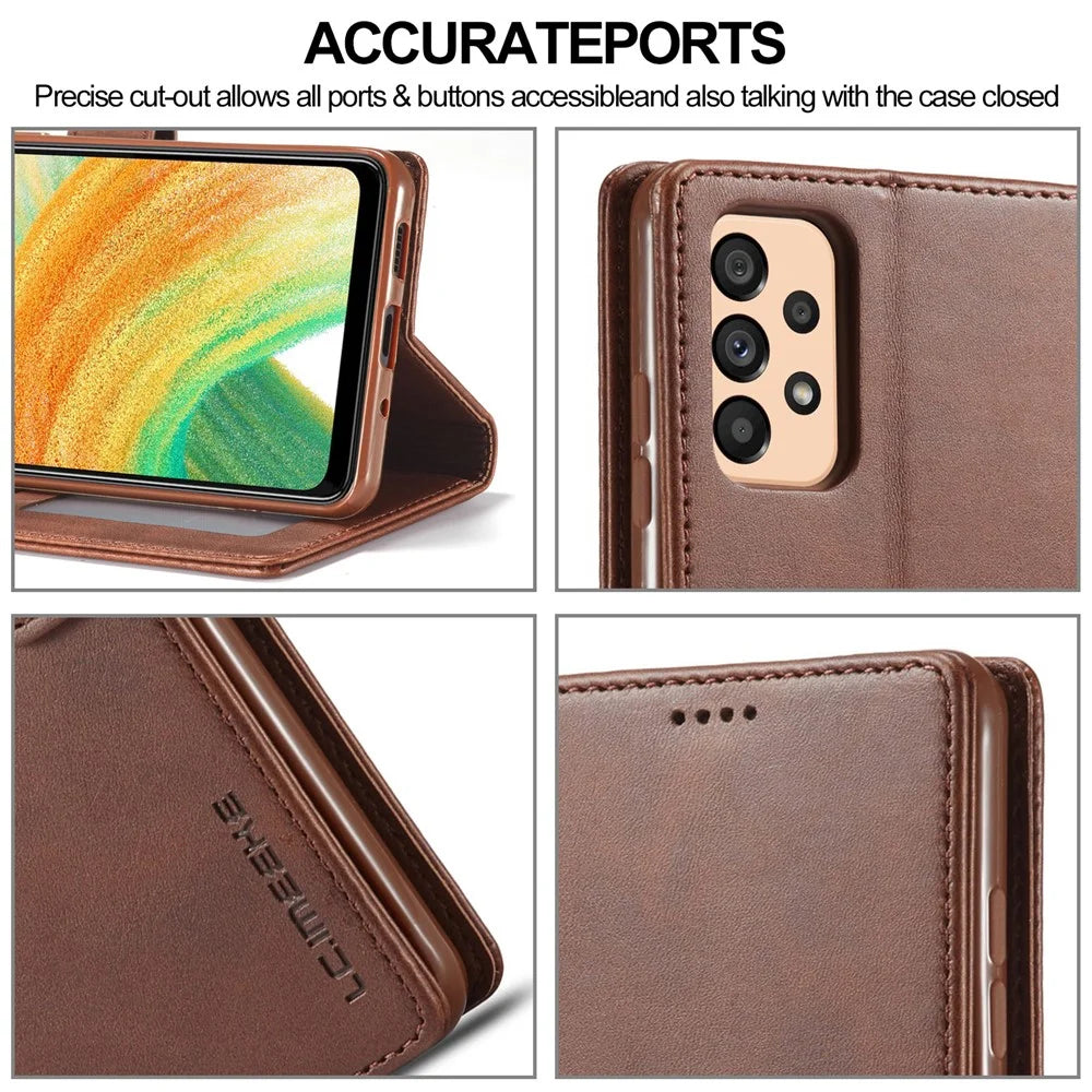 LC.IMEEKE Textured Leather Wallet Case for Samsung Galaxy A33 5G, Stand Function Magnetic Closure Shockproof Flip Folio Cover - Coffee - 6