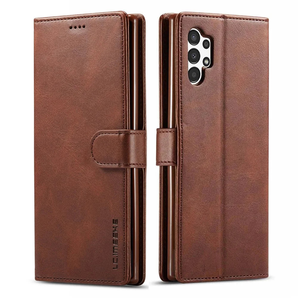 LC.IMEEKE Flip Cover for Samsung Galaxy A13 4G / A04 4G (164.4 x 76.3 x 9.1 mm), Textured PU Leather Stand Book Shockproof TPU Inner Shell - Coffee - 1