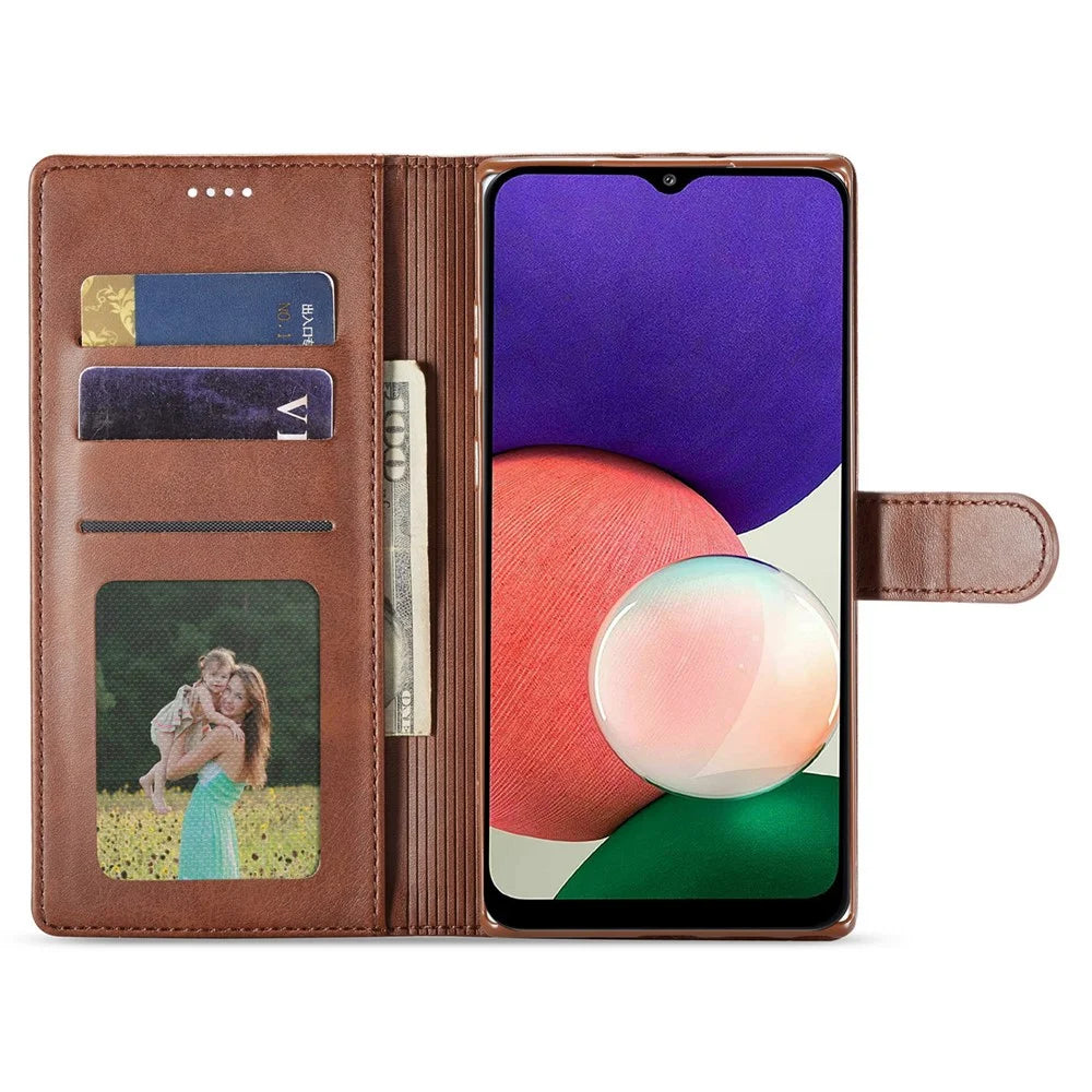 LC.IMEEKE Flip Cover for Samsung Galaxy A13 4G / A04 4G (164.4 x 76.3 x 9.1 mm), Textured PU Leather Stand Book Shockproof TPU Inner Shell - Coffee - 2