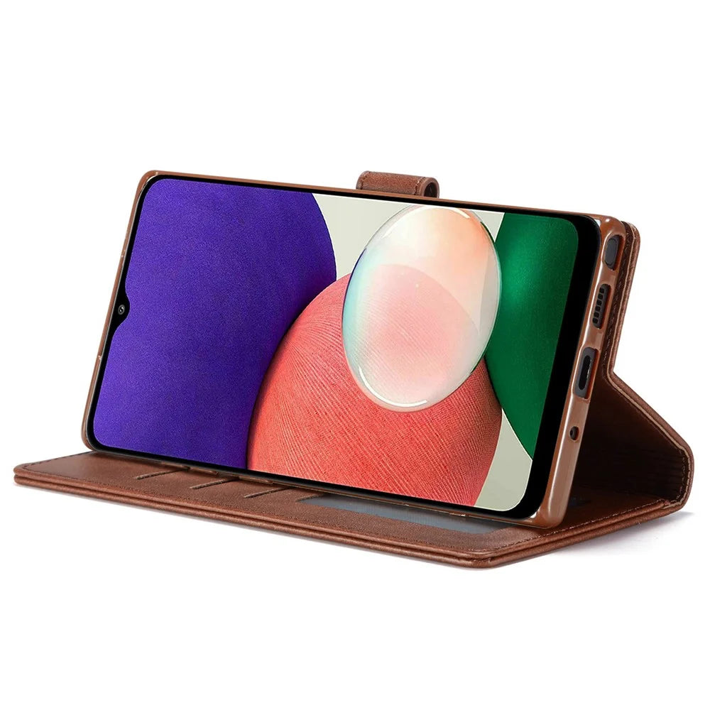 LC.IMEEKE Flip Cover for Samsung Galaxy A13 4G / A04 4G (164.4 x 76.3 x 9.1 mm), Textured PU Leather Stand Book Shockproof TPU Inner Shell - Coffee - 3
