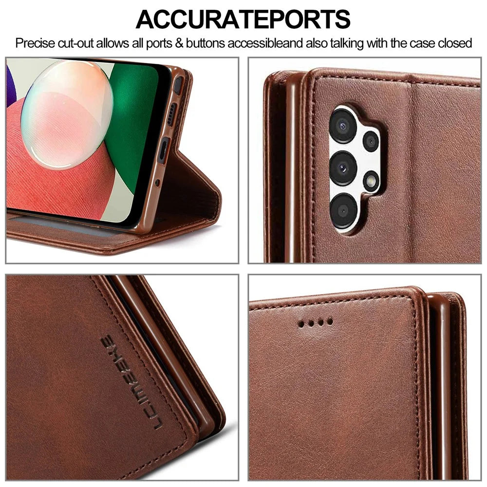 LC.IMEEKE Flip Cover for Samsung Galaxy A13 4G / A04 4G (164.4 x 76.3 x 9.1 mm), Textured PU Leather Stand Book Shockproof TPU Inner Shell - Coffee - 5