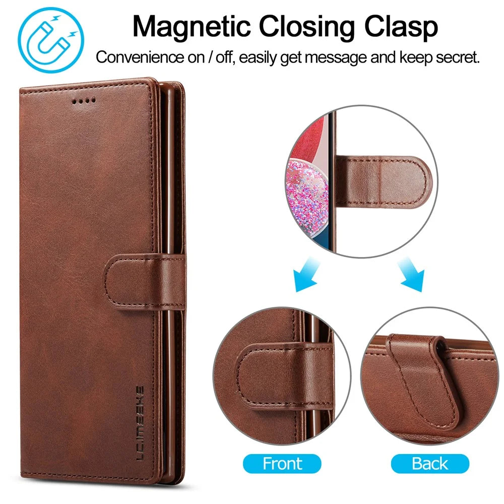 LC.IMEEKE Flip Cover for Samsung Galaxy A13 4G / A04 4G (164.4 x 76.3 x 9.1 mm), Textured PU Leather Stand Book Shockproof TPU Inner Shell - Coffee - 6