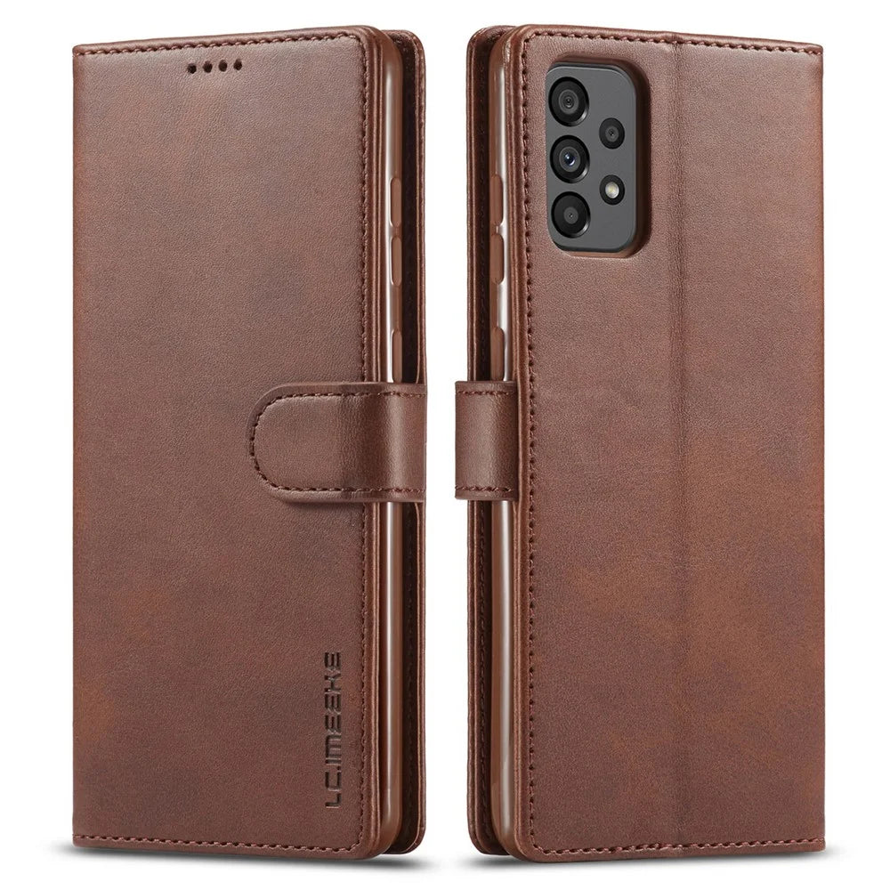 LC.IMEEKE for Samsung Galaxy A73 5G Textured PU Leather Wallet Flip Cover Magnetic Closure Stand Folio Phone Case - Coffee - 1