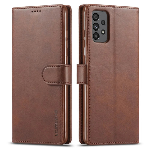 LC.IMEEKE for Samsung Galaxy A73 5G Textured PU Leather Wallet Flip Cover Magnetic Closure Stand Folio Phone Case - Coffee - 1
