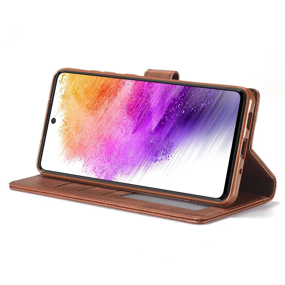 LC.IMEEKE for Samsung Galaxy A73 5G Textured PU Leather Wallet Flip Cover Magnetic Closure Stand Folio Phone Case - Coffee - 3