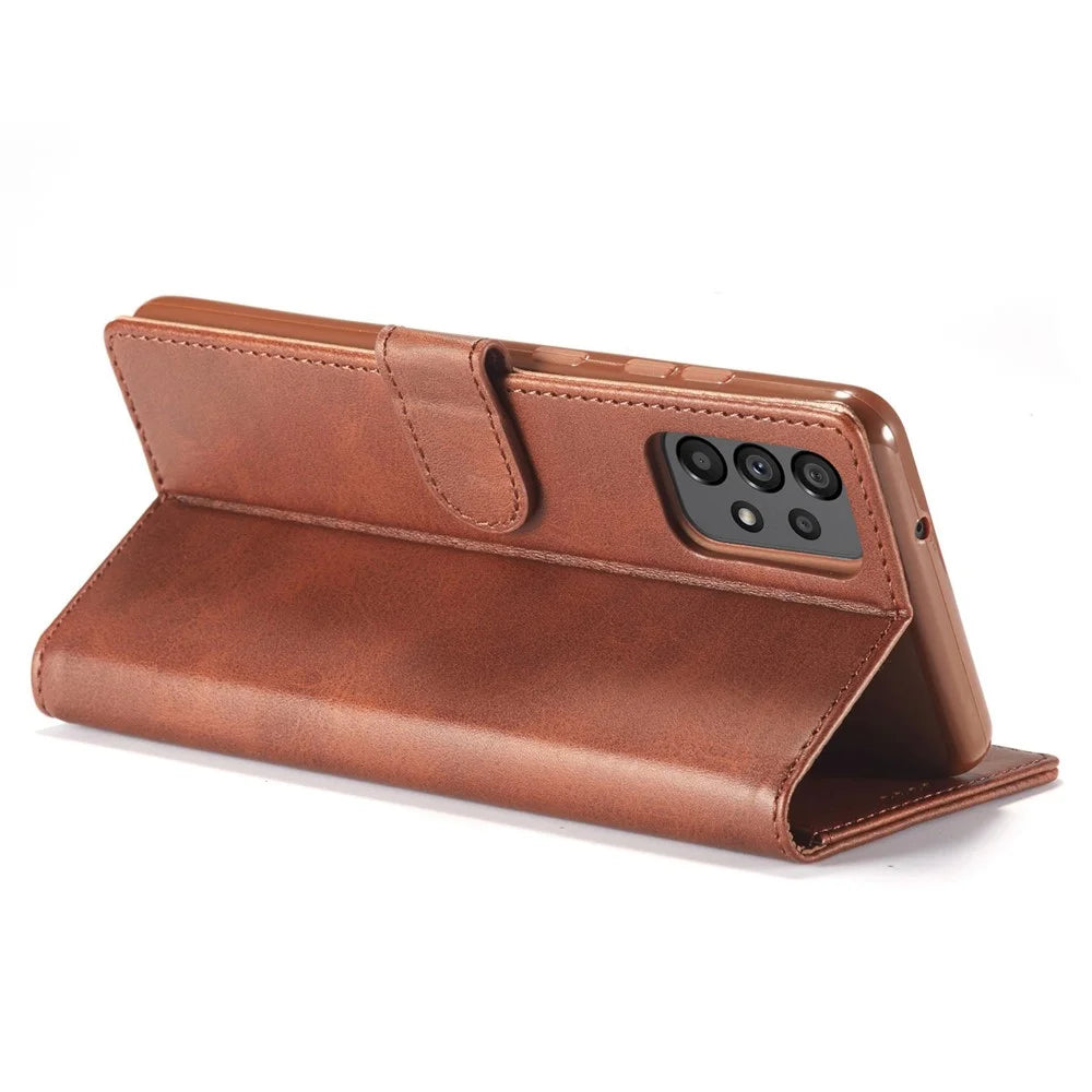 LC.IMEEKE for Samsung Galaxy A73 5G Textured PU Leather Wallet Flip Cover Magnetic Closure Stand Folio Phone Case - Coffee - 4