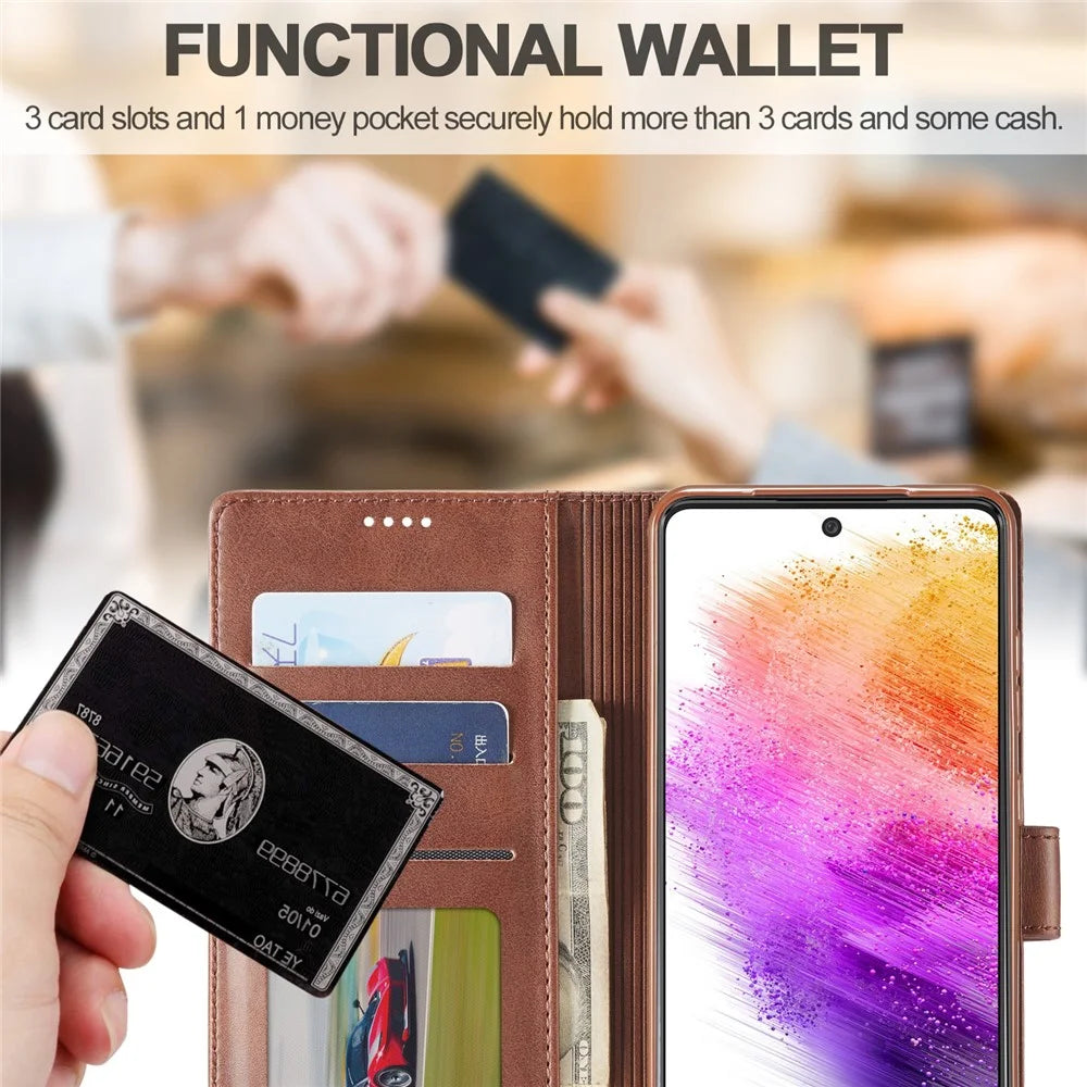 LC.IMEEKE for Samsung Galaxy A73 5G Textured PU Leather Wallet Flip Cover Magnetic Closure Stand Folio Phone Case - Coffee - 5