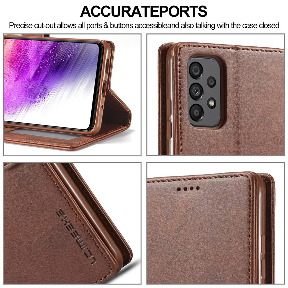 LC.IMEEKE for Samsung Galaxy A73 5G Textured PU Leather Wallet Flip Cover Magnetic Closure Stand Folio Phone Case - Coffee - 6