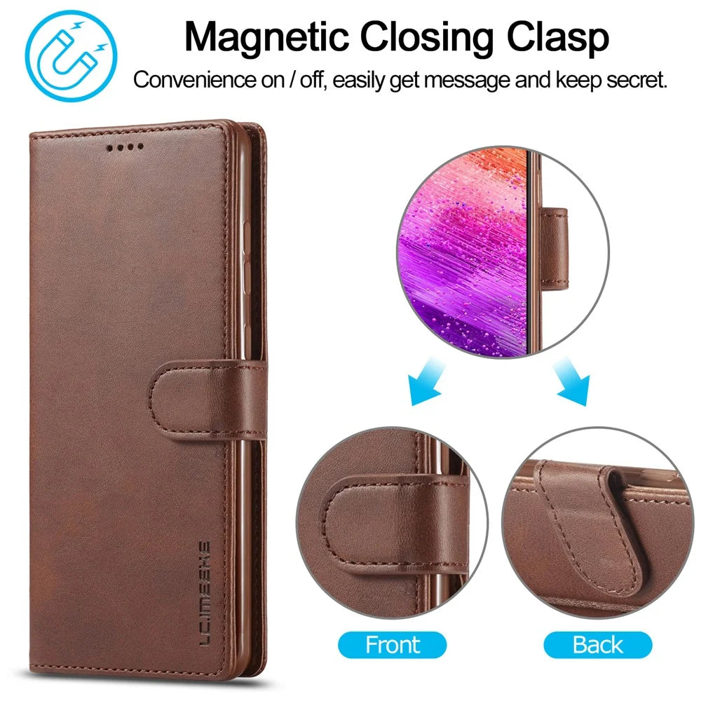 LC.IMEEKE for Samsung Galaxy A73 5G Textured PU Leather Wallet Flip Cover Magnetic Closure Stand Folio Phone Case - Coffee - 7