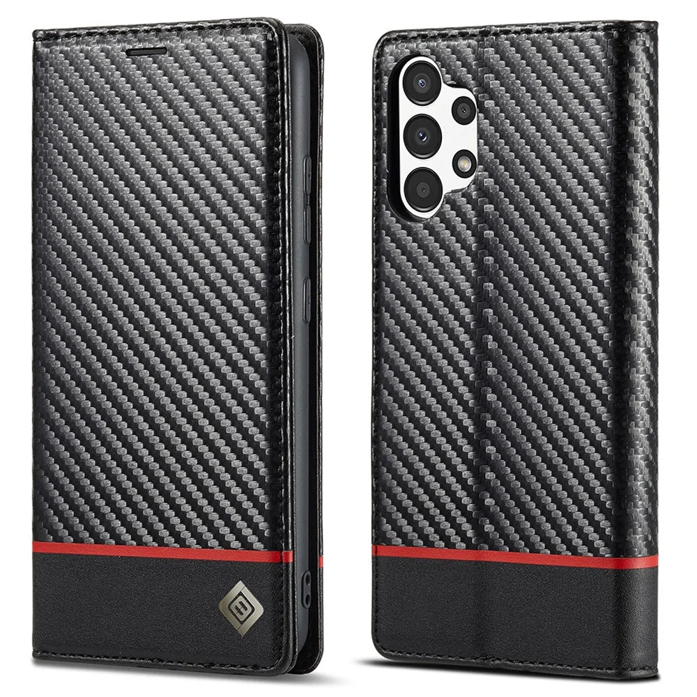 LC.IMEEKE Flip Wallet Case for Samsung Galaxy A13 4G / A04 4G (164.4 x 76.3 x 9.1 mm), PU Leather Carbon Fiber Texture Stand Magnetic Auto-absorbed Folio Protective Phone Cover - Horizontal Stripe - 1