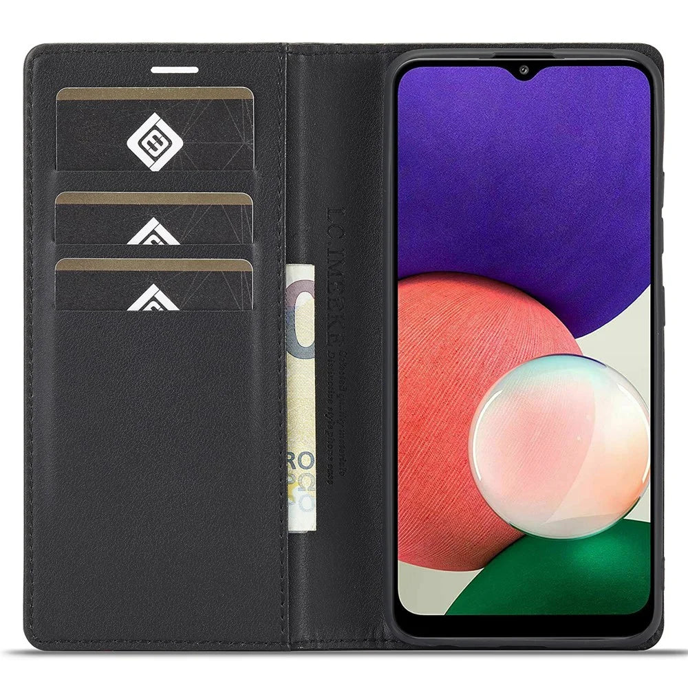 LC.IMEEKE Flip Wallet Case for Samsung Galaxy A13 4G / A04 4G (164.4 x 76.3 x 9.1 mm), PU Leather Carbon Fiber Texture Stand Magnetic Auto-absorbed Folio Protective Phone Cover - Horizontal Stripe - 2