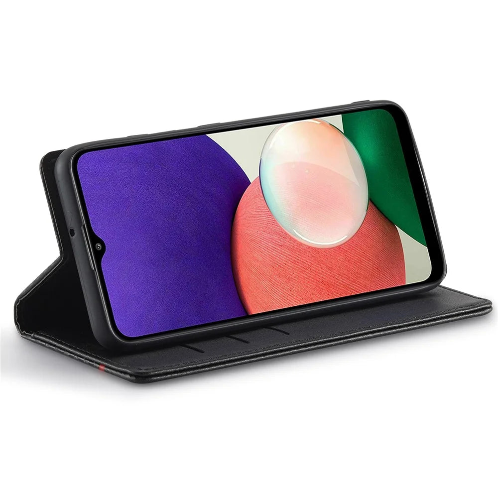 LC.IMEEKE Flip Wallet Case for Samsung Galaxy A13 4G / A04 4G (164.4 x 76.3 x 9.1 mm), PU Leather Carbon Fiber Texture Stand Magnetic Auto-absorbed Folio Protective Phone Cover - Horizontal Stripe - 3