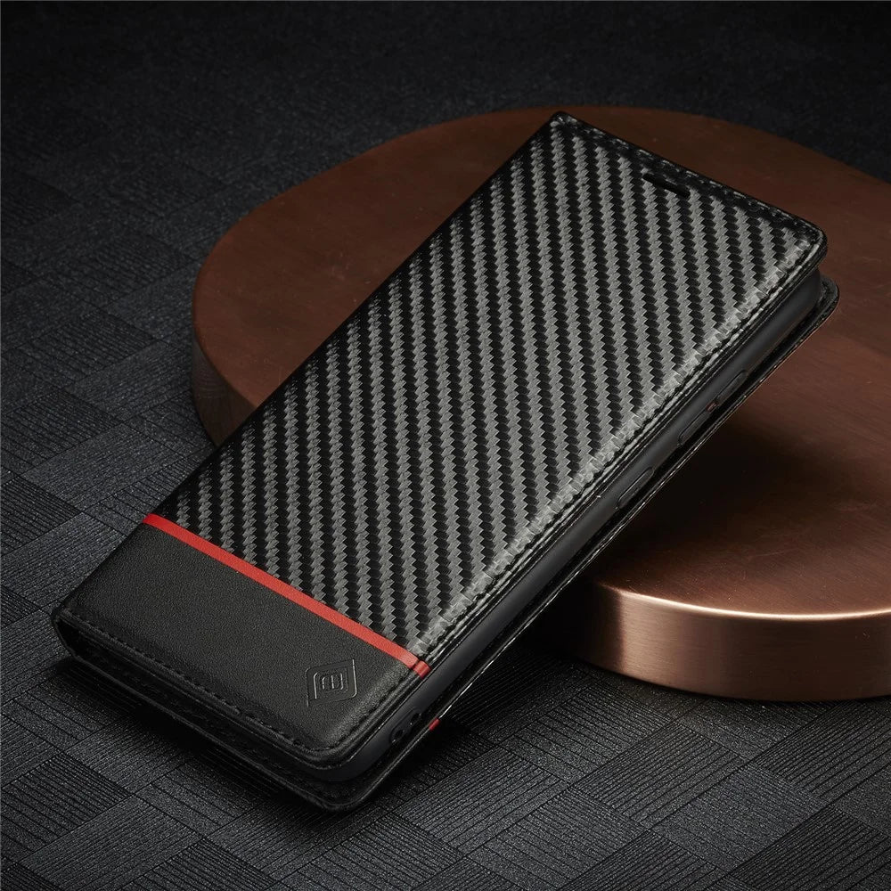 LC.IMEEKE Flip Wallet Case for Samsung Galaxy A13 4G / A04 4G (164.4 x 76.3 x 9.1 mm), PU Leather Carbon Fiber Texture Stand Magnetic Auto-absorbed Folio Protective Phone Cover - Horizontal Stripe - 4