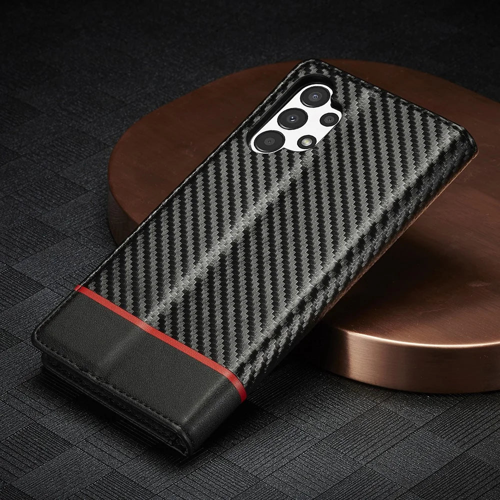 LC.IMEEKE Flip Wallet Case for Samsung Galaxy A13 4G / A04 4G (164.4 x 76.3 x 9.1 mm), PU Leather Carbon Fiber Texture Stand Magnetic Auto-absorbed Folio Protective Phone Cover - Horizontal Stripe - 5