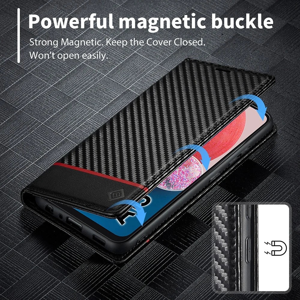LC.IMEEKE Flip Wallet Case for Samsung Galaxy A13 4G / A04 4G (164.4 x 76.3 x 9.1 mm), PU Leather Carbon Fiber Texture Stand Magnetic Auto-absorbed Folio Protective Phone Cover - Horizontal Stripe - 6