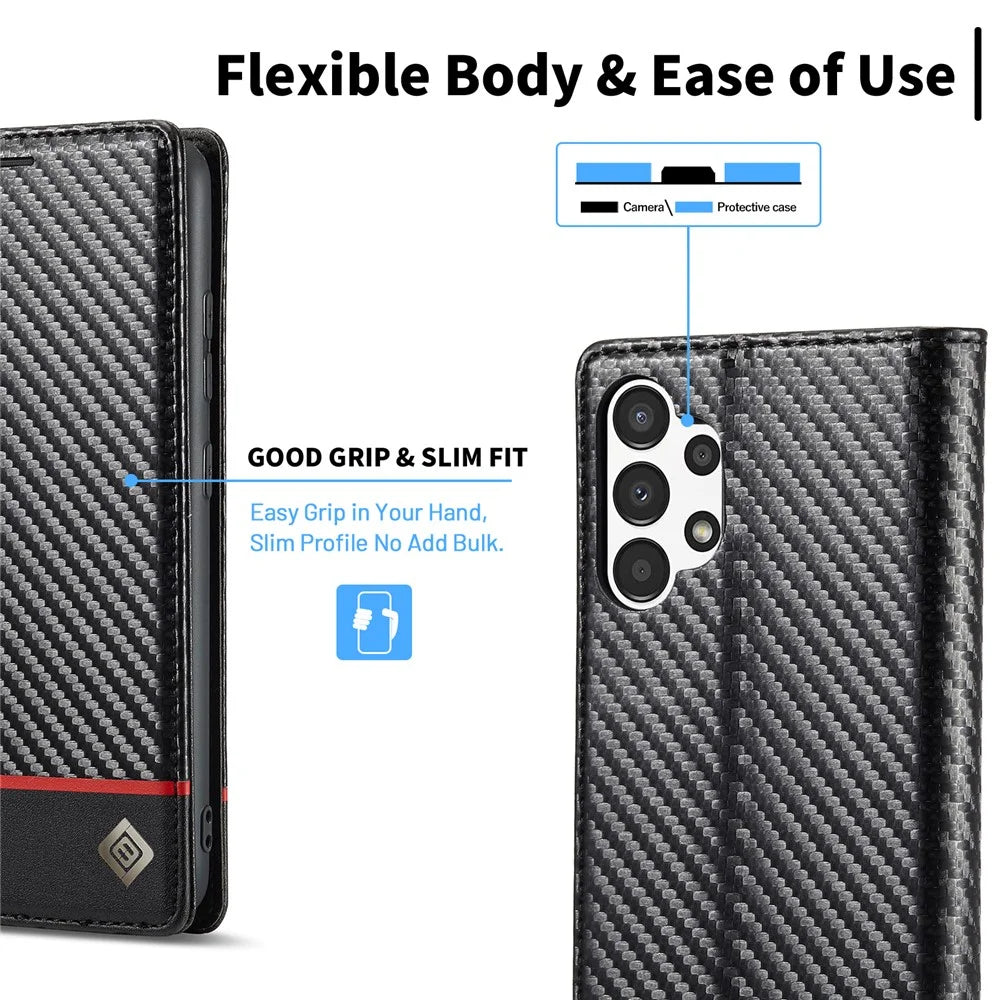 LC.IMEEKE Flip Wallet Case for Samsung Galaxy A13 4G / A04 4G (164.4 x 76.3 x 9.1 mm), PU Leather Carbon Fiber Texture Stand Magnetic Auto-absorbed Folio Protective Phone Cover - Horizontal Stripe - 7