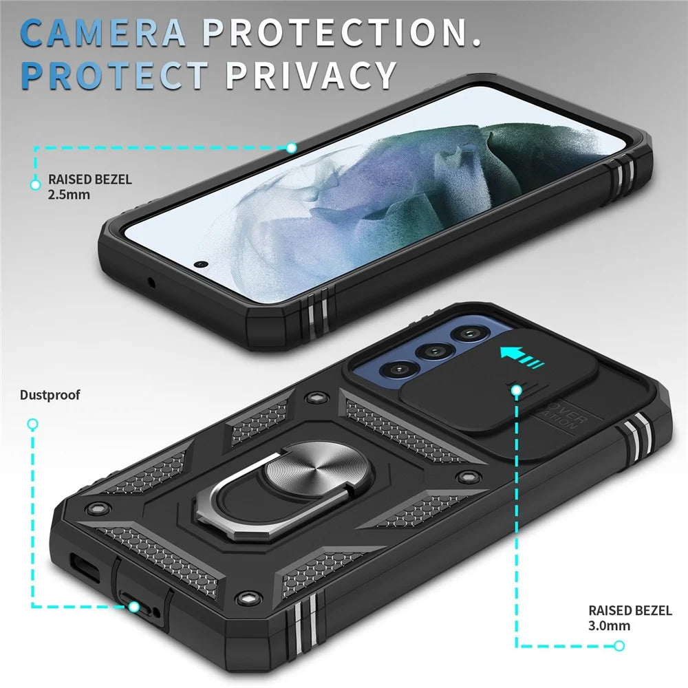 For Samsung Galaxy S22 5G Case Ring Kickstand Anti-Scratch Hard PC + TPU Bumper Shockproof Protective Cover with Sliding Camera Lens Protector  - Black/Black - 4