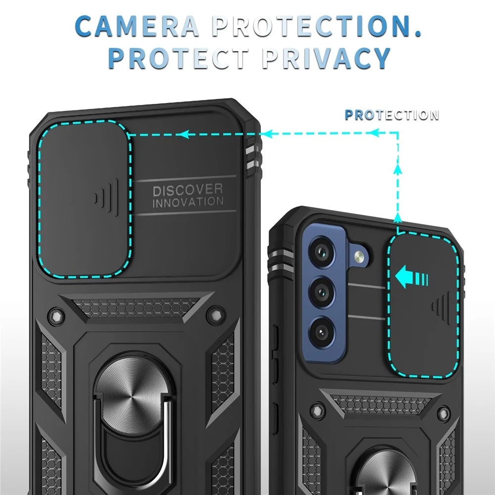 For Samsung Galaxy S22 5G Case Ring Kickstand Anti-Scratch Hard PC + TPU Bumper Shockproof Protective Cover with Sliding Camera Lens Protector  - Black/Black - 5