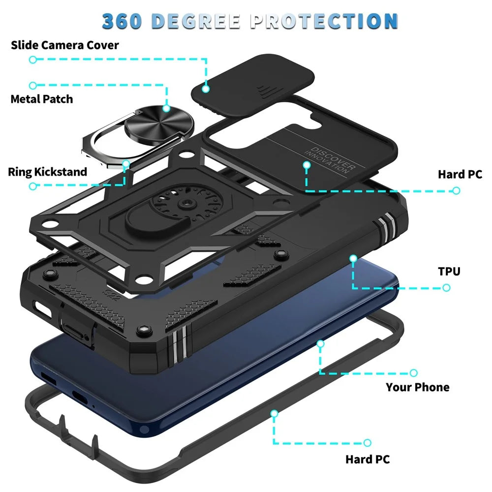 For Samsung Galaxy S22 5G Case Ring Kickstand Anti-Scratch Hard PC + TPU Bumper Shockproof Protective Cover with Sliding Camera Lens Protector  - Black/Black - 6