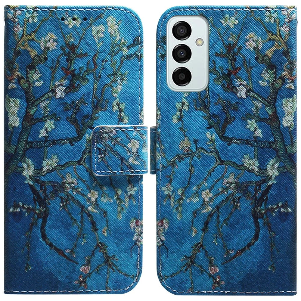 For Samsung Galaxy M23 5G/F23 5G Printed Pattern Flip Wallet Case Magnetic Closure Stand Soft TPU Inner Shell PU Leather Phone Cover - Apricot Flowers - 1