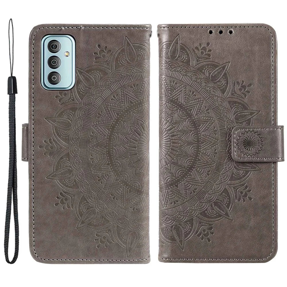 For Samsung Galaxy F23 PU Leather Shockproof Phone Flip Cover, Wallet Stand Design Imprinted Mandala Flower Phone Case - Grey - 1