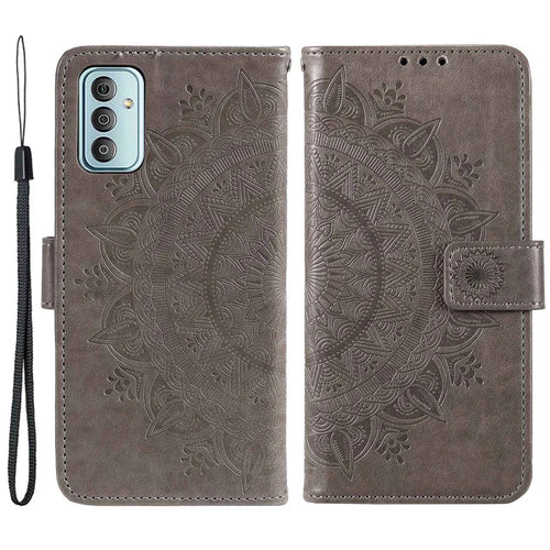 For Samsung Galaxy F23 PU Leather Shockproof Phone Flip Cover, Wallet Stand Design Imprinted Mandala Flower Phone Case - Grey - 1
