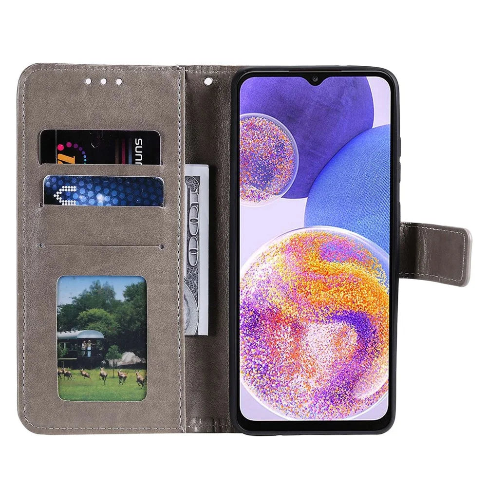 For Samsung Galaxy F23 PU Leather Shockproof Phone Flip Cover, Wallet Stand Design Imprinted Mandala Flower Phone Case - Grey - 2