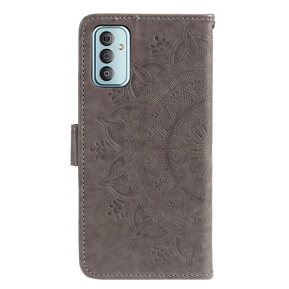 For Samsung Galaxy F23 PU Leather Shockproof Phone Flip Cover, Wallet Stand Design Imprinted Mandala Flower Phone Case - Grey - 5