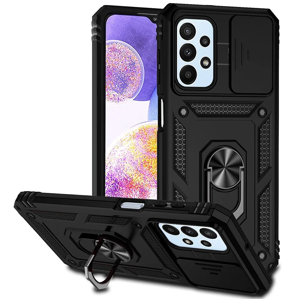 For Samsung Galaxy A23 4G / 5G (Global Version) PC + TPU Dual Layer Armor Case Slide Lens Protection Scratch-Resistant Cover with Built-in Rotate Magnetic Kickstand - Black - 1