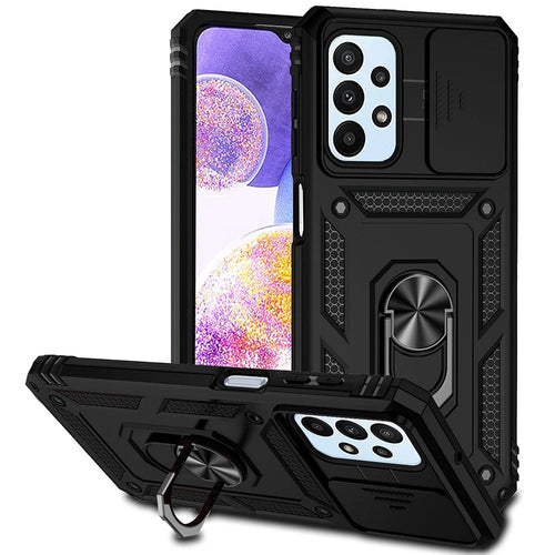For Samsung Galaxy A23 4G / 5G (Global Version) PC + TPU Dual Layer Armor Case Slide Lens Protection Scratch-Resistant Cover with Built-in Rotate Magnetic Kickstand - Black - 1