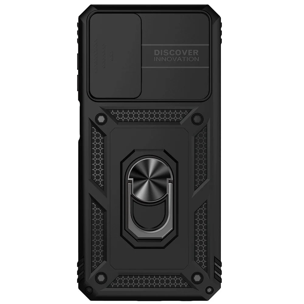 For Samsung Galaxy A23 4G / 5G (Global Version) PC + TPU Dual Layer Armor Case Slide Lens Protection Scratch-Resistant Cover with Built-in Rotate Magnetic Kickstand - Black - 2