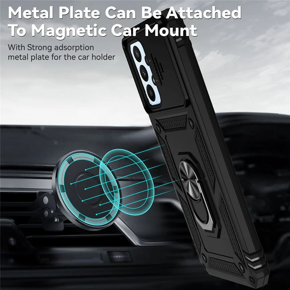 For Samsung Galaxy A23 4G / 5G (Global Version) PC + TPU Dual Layer Armor Case Slide Lens Protection Scratch-Resistant Cover with Built-in Rotate Magnetic Kickstand - Black - 4