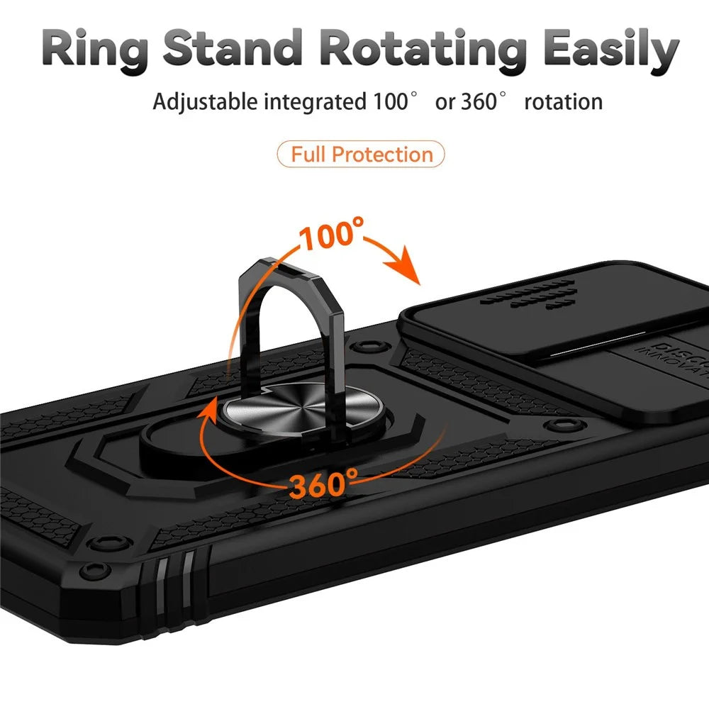 For Samsung Galaxy A23 4G / 5G (Global Version) PC + TPU Dual Layer Armor Case Slide Lens Protection Scratch-Resistant Cover with Built-in Rotate Magnetic Kickstand - Black - 7
