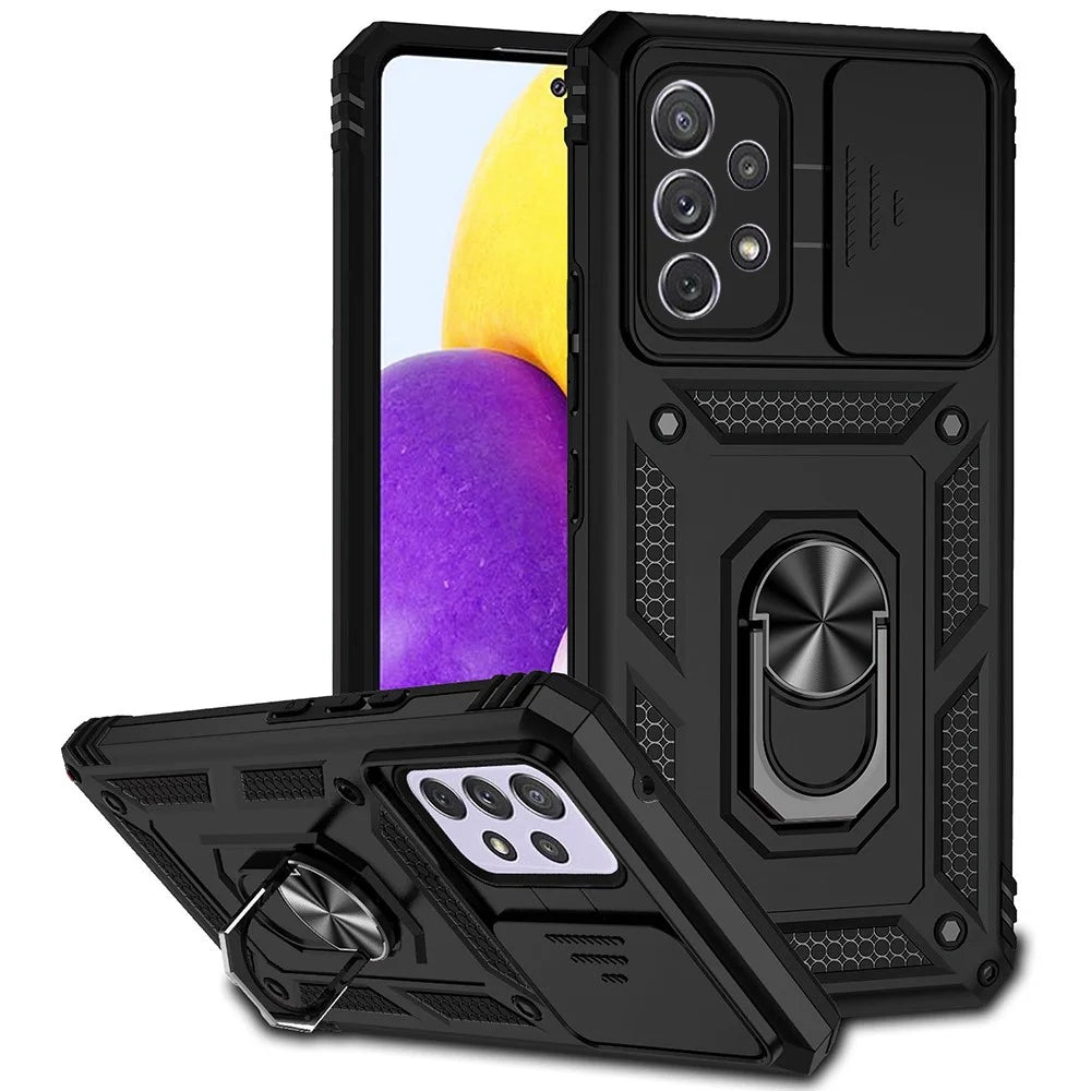 For Samsung Galaxy A53 5G PC + TPU Dual Layer Armor Phone Case Slide Lens Protection  Kickstand Scratch-Resistant Cover with Built-in Rotate Magnetic Metal Sheet - Black - 1