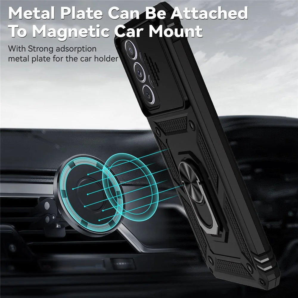For Samsung Galaxy A53 5G PC + TPU Dual Layer Armor Phone Case Slide Lens Protection  Kickstand Scratch-Resistant Cover with Built-in Rotate Magnetic Metal Sheet - Black - 4