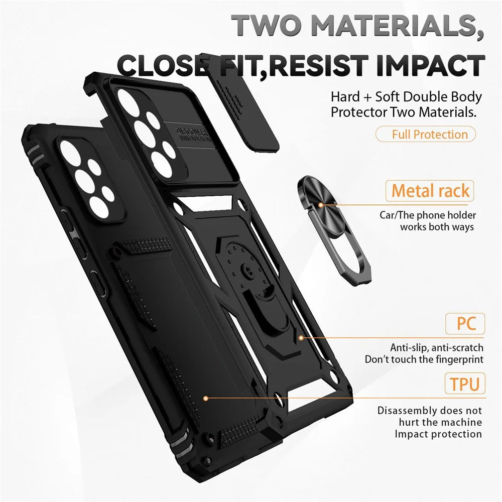For Samsung Galaxy A53 5G PC + TPU Dual Layer Armor Phone Case Slide Lens Protection  Kickstand Scratch-Resistant Cover with Built-in Rotate Magnetic Metal Sheet - Black - 5