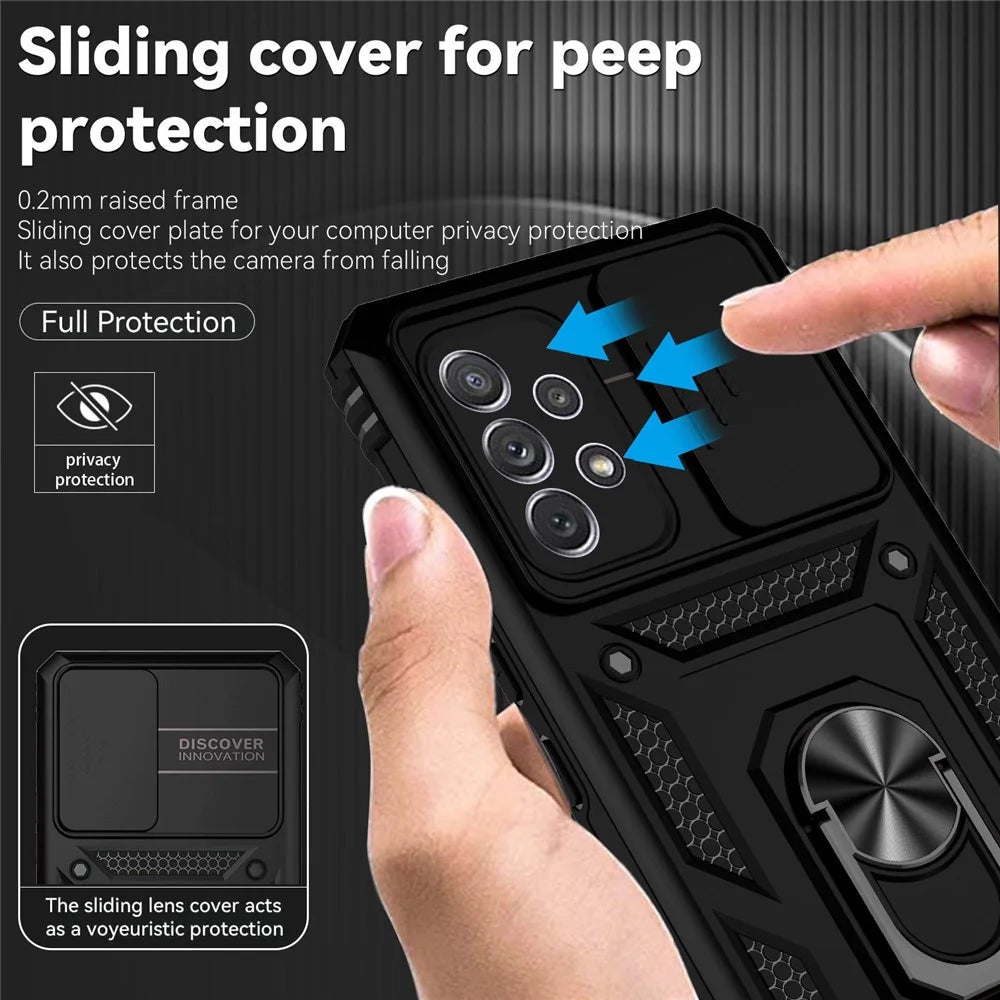 For Samsung Galaxy A53 5G PC + TPU Dual Layer Armor Phone Case Slide Lens Protection  Kickstand Scratch-Resistant Cover with Built-in Rotate Magnetic Metal Sheet - Black - 6