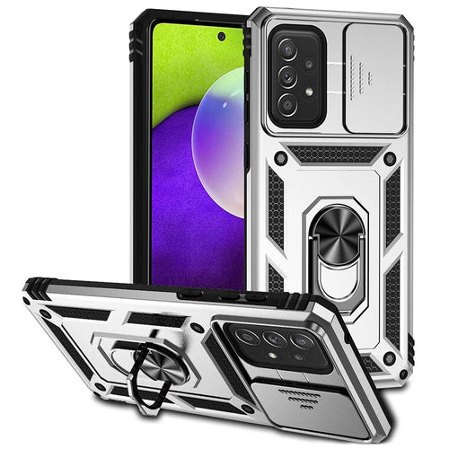 For Samsung Galaxy A73 5G Camera Protection Case Soft TPU + Hard PC Hybrid Design Shock Absorption Protective Cover with Rotating Ring Kickstand - Silver - 1