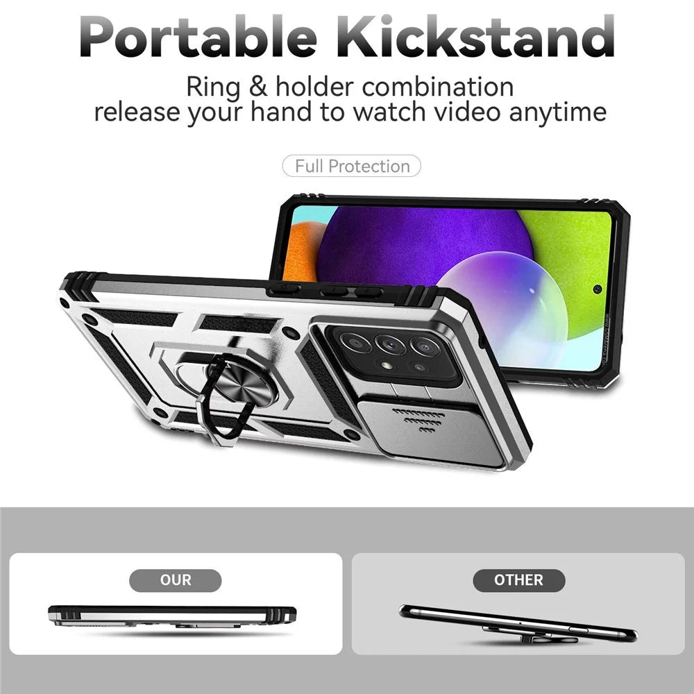 For Samsung Galaxy A73 5G Camera Protection Case Soft TPU + Hard PC Hybrid Design Shock Absorption Protective Cover with Rotating Ring Kickstand - Silver - 3