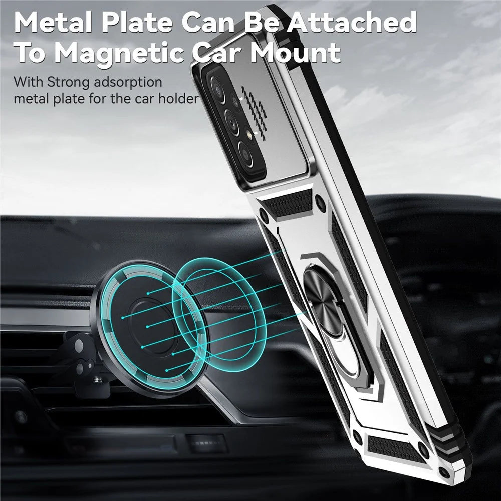 For Samsung Galaxy A73 5G Camera Protection Case Soft TPU + Hard PC Hybrid Design Shock Absorption Protective Cover with Rotating Ring Kickstand - Silver - 4