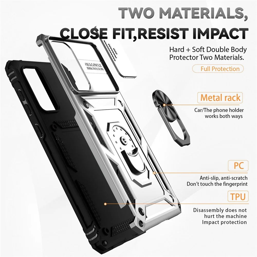For Samsung Galaxy A73 5G Camera Protection Case Soft TPU + Hard PC Hybrid Design Shock Absorption Protective Cover with Rotating Ring Kickstand - Silver - 5