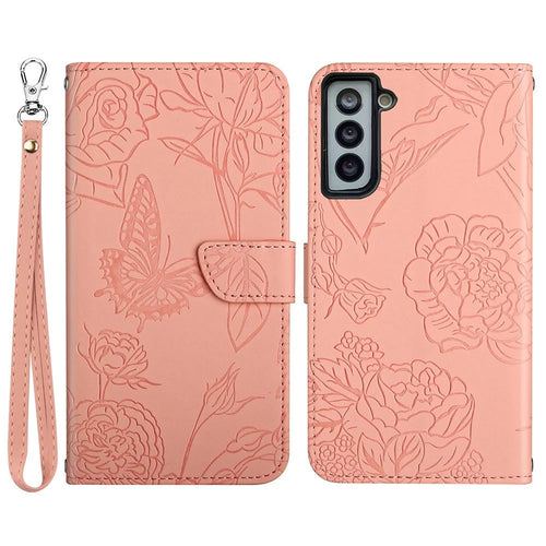 For Samsung Galaxy S21 FE 5G/S21 Fan Edition PU Leather Magnetic Butterfly Flower Pattern Imprinted Case Skin-touch Feeling Bookstyle Wallet Stand Flip Cover with Strap - Pink - 1