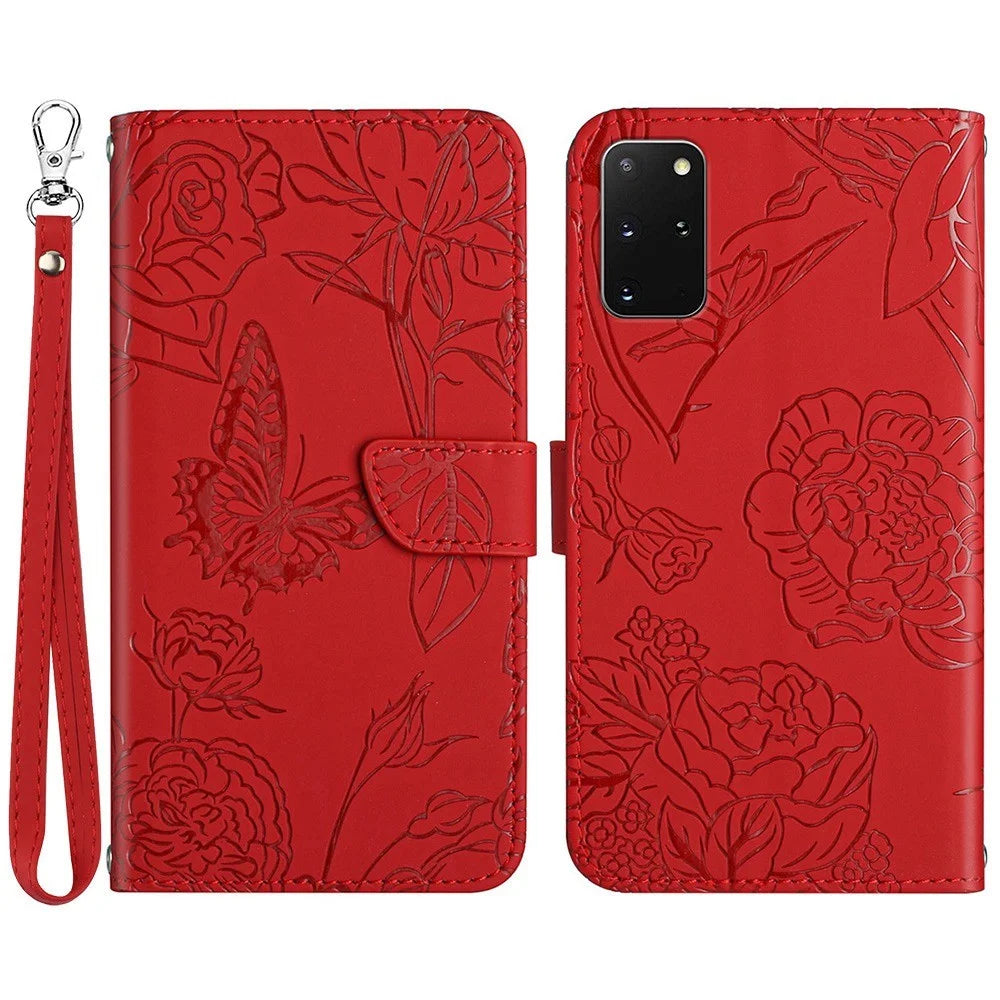 For Samsung Galaxy S20 Plus 4G/5G Butterfly Flower Pattern Imprinted Folding Stand Case Skin-touch Feeling PU Leather Wallet Style Flip Cover with Strap - Red - 1