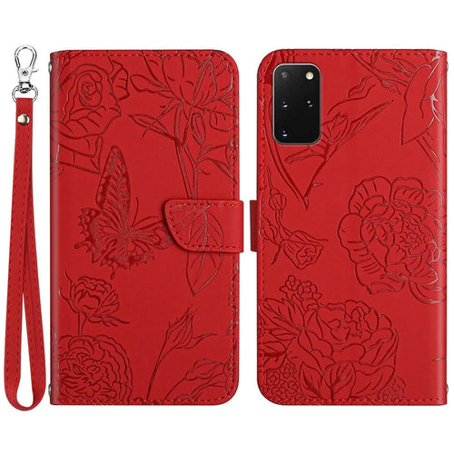 For Samsung Galaxy S20 Plus 4G/5G Butterfly Flower Pattern Imprinted Folding Stand Case Skin-touch Feeling PU Leather Wallet Style Flip Cover with Strap - Red - 1