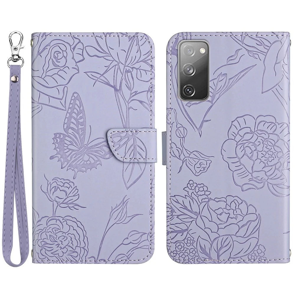 For Samsung Galaxy S20 FE 2022/S20 FE/S20 Fan Edition/S20 FE 5G/S20 Fan Edition 5G Butterfly Flower Imprinted Wallet Flip Case PU Leather Wrist Strap Stand Skin-touch Feeling Phone Cover - Light Purple - 1