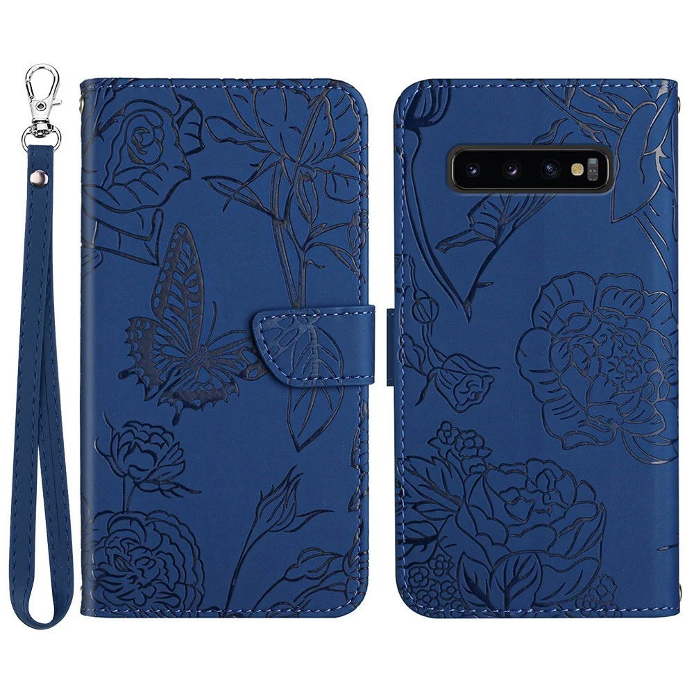 For Samsung Galaxy S10 Plus Butterfly Flower Imprinted Magnetic Flip Stand Cover Skin-touch Feeling PU Leather Hand Strap Wallet Purse Case - Blue - 1