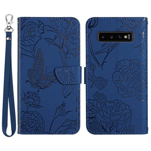 For Samsung Galaxy S10 Plus Butterfly Flower Imprinted Magnetic Flip Stand Cover Skin-touch Feeling PU Leather Hand Strap Wallet Purse Case - Blue - 1